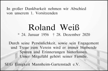 Traueranzeige von Roland Weiß von Mannheimer Morgen