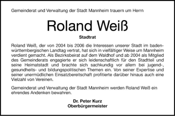 Traueranzeige von Roland Weiß von Mannheimer Morgen