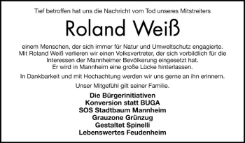 Traueranzeige von Roland Weiß von Mannheimer Morgen