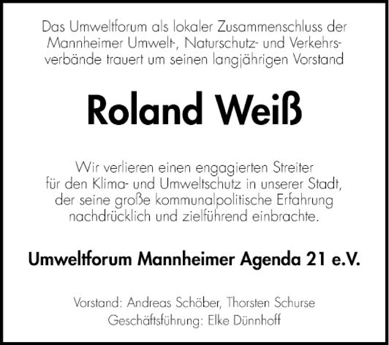  Traueranzeige für Roland Weiß vom 02.01.2021 aus Mannheimer Morgen