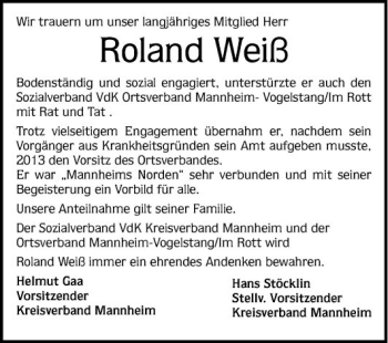 Traueranzeige von Roland Weiß von Mannheimer Morgen