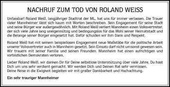 Traueranzeige von Roland Weiß von Mannheimer Morgen