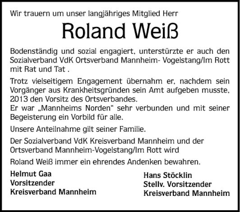  Traueranzeige für Roland Weiß vom 07.01.2021 aus Mannheimer Morgen