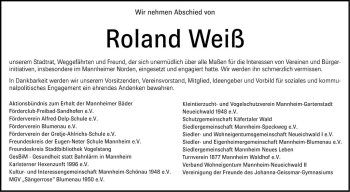 Traueranzeige von Roland Weiß von Mannheimer Morgen