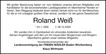 Traueranzeige von Roland Weiß von Mannheimer Morgen