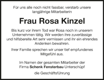 Traueranzeige von Rosa Kinzel von Fränkische Nachrichten