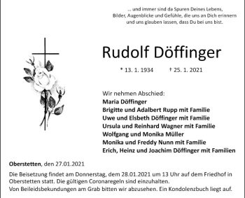 Traueranzeige von Rudolf Döffinger von Fränkische Nachrichten