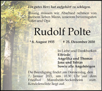 Traueranzeige von Rudolf Polte von Mannheimer Morgen