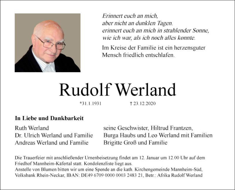  Traueranzeige für Rudolf Werland vom 02.01.2021 aus Mannheimer Morgen