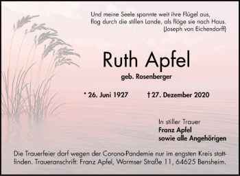 Traueranzeige von Ruth Apfel von Bergsträßer Anzeiger