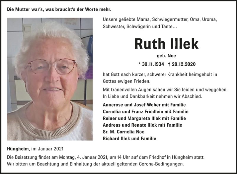  Traueranzeige für Ruth Illek vom 02.01.2021 aus Fränkische Nachrichten