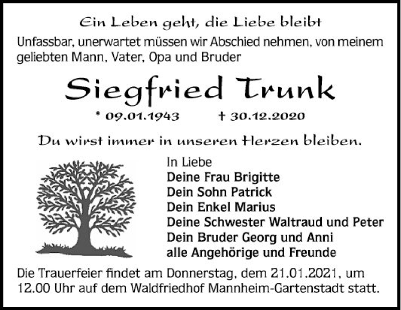  Traueranzeige für Siegfried Trunk vom 16.01.2021 aus Mannheimer Morgen
