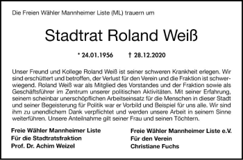 Traueranzeige von Stadtrat Roland Weiß von Mannheimer Morgen