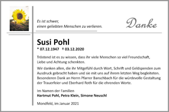 Traueranzeige von Susi Pohl von Fränkische Nachrichten