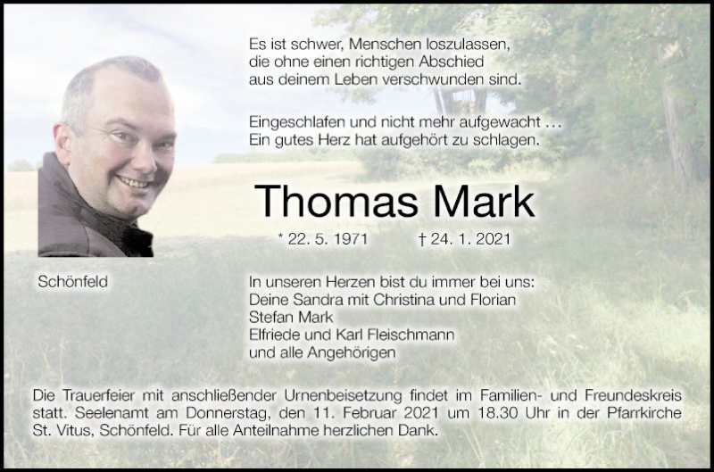  Traueranzeige für Thomas Mark vom 30.01.2021 aus Fränkische Nachrichten