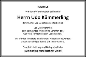 Traueranzeige von Udo Kümmerling von Fränkische Nachrichten