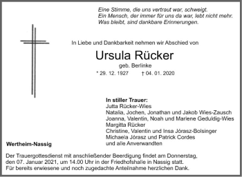 Traueranzeige von Ursula Rücker von Fränkische Nachrichten