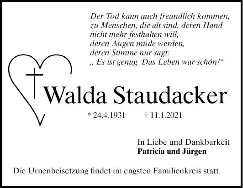  Traueranzeige für Walda Staudacker vom 23.01.2021 aus Mannheimer Morgen