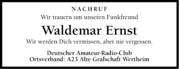 Traueranzeige von Waldemar Ernst von Fränkische Nachrichten