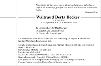 Traueranzeige von Waltraud Berta Becker von Mannheimer Morgen