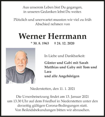 Traueranzeige von Werner Herrmann von Fränkische Nachrichten