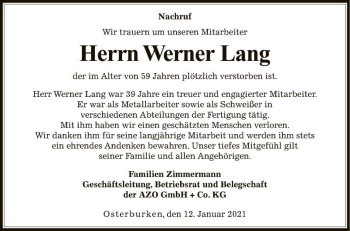 Traueranzeige von Werner Lang von Fränkische Nachrichten