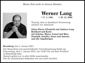 Traueranzeige von Werner Lang von Fränkische Nachrichten