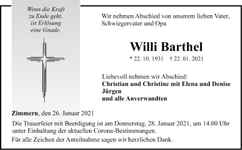 Traueranzeige von Willi Barthel von Fränkische Nachrichten