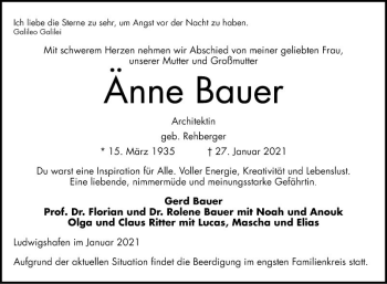 Traueranzeige von Änne Bauer von Mannheimer Morgen