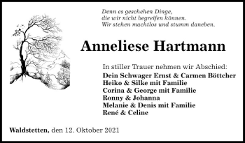 Traueranzeige von Anneliese Hartmann von Fränkische Nachrichten