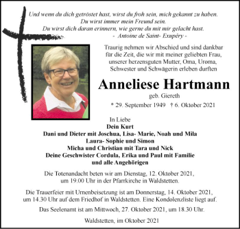 Traueranzeige von Anneliese Hartmann von Fränkische Nachrichten