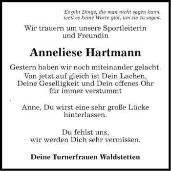 Traueranzeige von Anneliese Hartmann von Fränkische Nachrichten