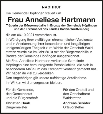 Traueranzeige von Anneliese Hartmann von Fränkische Nachrichten