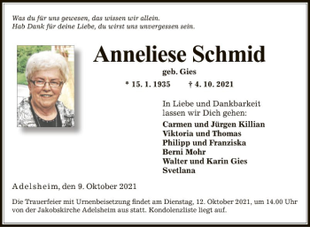 Traueranzeige von Anneliese Schmid von Fränkische Nachrichten