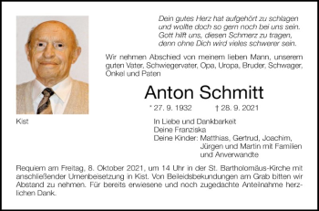 Traueranzeige von Anton Schmitt von Fränkische Nachrichten