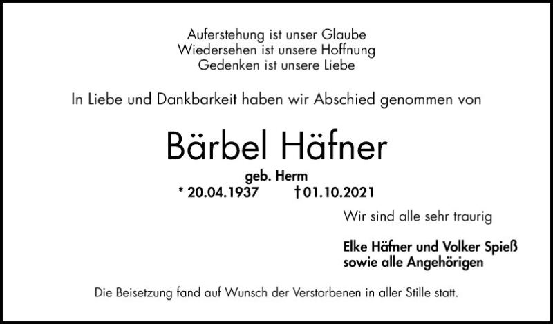  Traueranzeige für Bärbel Häfner vom 23.10.2021 aus Mannheimer Morgen