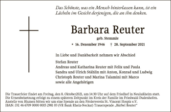 Traueranzeige von Barbara Reuter von Schwetzinger Zeitung