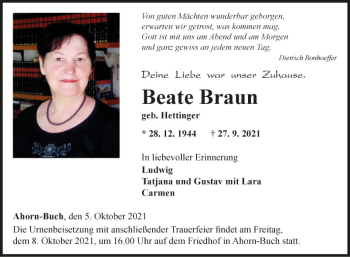 Traueranzeige von Beate Braun von Fränkische Nachrichten