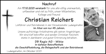 Traueranzeige von Christian Reichert von Mannheimer Morgen