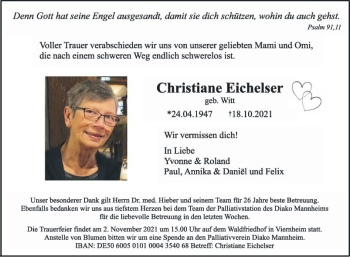 Traueranzeige von Christiane Eichelser von Mannheimer Morgen