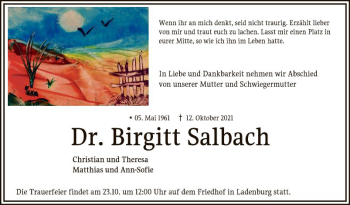 Traueranzeige von Dr. Birgitt Salbach von Mannheimer Morgen