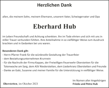 Traueranzeige von Eberhard Hub von Fränkische Nachrichten