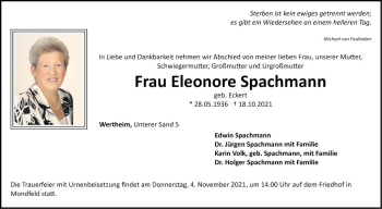 Traueranzeige von Eleonore Spachmann von Fränkische Nachrichten