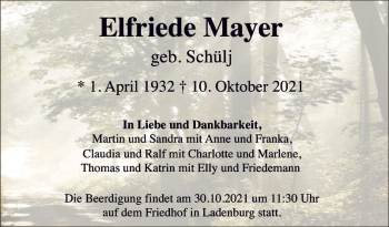 Traueranzeige von Elfriede Mayer von Mannheimer Morgen