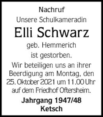 Traueranzeige von Elli Schwarz von Schwetzinger Zeitung