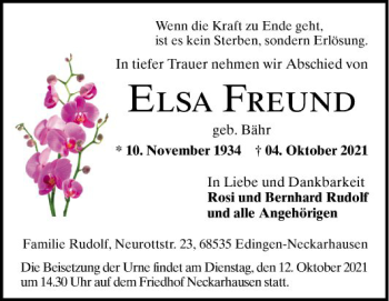 Traueranzeige von Elsa Freund von Südhessen Morgen