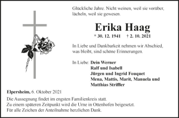 Traueranzeige von Erika Haag von Fränkische Nachrichten