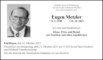 Traueranzeige von Eugen Metzler von Fränkische Nachrichten