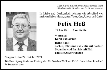 Traueranzeige von Felix Heß von Fränkische Nachrichten