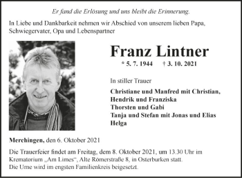 Traueranzeige von Franz Lintner von Fränkische Nachrichten